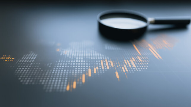 World Map Exploration: A magnifying glass hovers above a digital world map, revealing intricate details and hinting at global connections, innovation, and discovery.