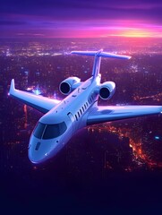 Obraz premium Sleek private jet in flight over a vibrant, sprawling cityscape at twilight, bathed in warm and cool neon hues