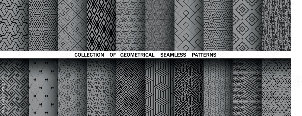 Poster Geometric set of seamless black and gray patterns. Simple vector graphics