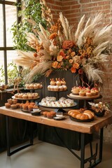 Fototapeta premium Delightful Dessert Display Featuring Cupcakes, Bread, and Floral Arrangement in a Cozy Cafe
