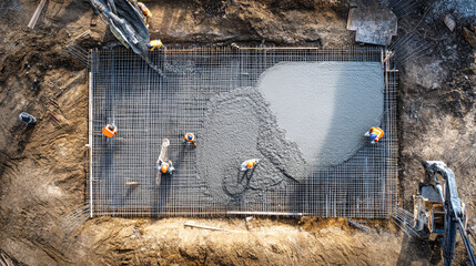 Construction workers pouring concrete on reinforced pad for earthen retaining wall project in a rural setting