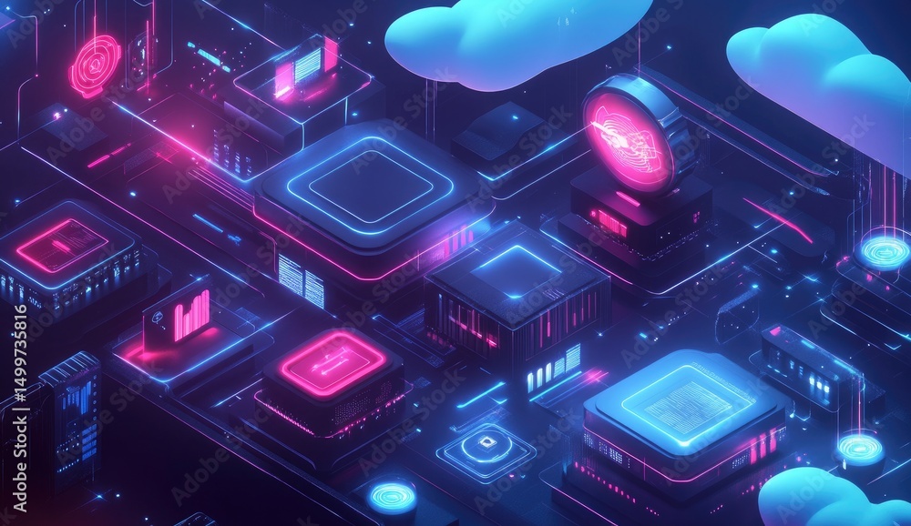 Poster futuristic circuit board with glowing components and clouds