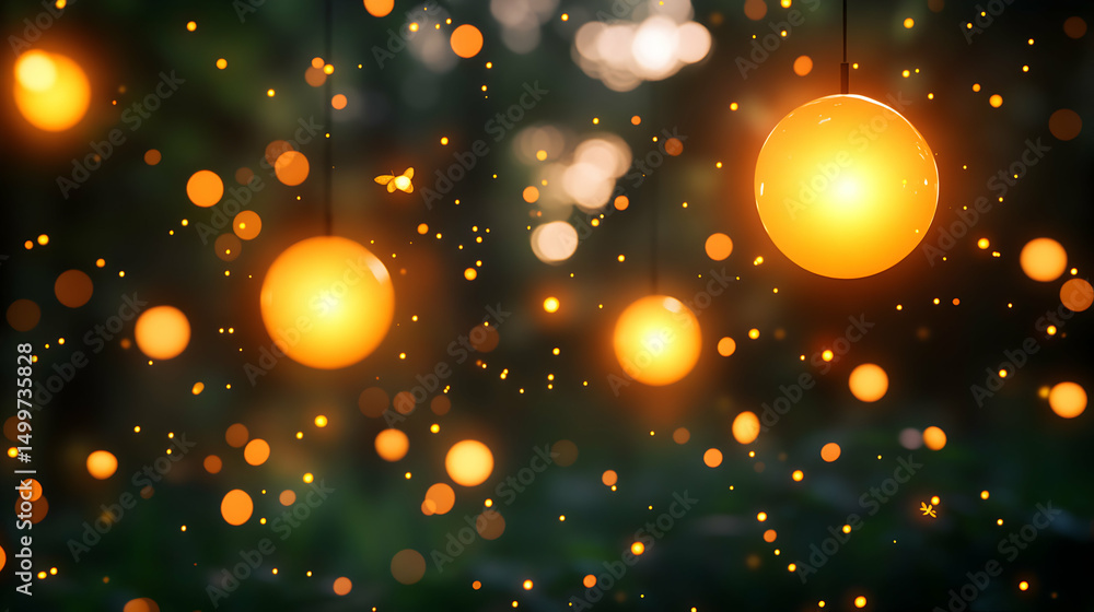 Poster magical glowing orbs illuminate a dark forest, creating an ethereal and enchanting atmosphere. firef