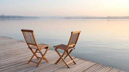 Two wooden chairs are sitting on a dock by a lake. The chairs are facing the water, and the scene is peaceful and serene. The water is calm, and the sky is a mix of blue and pink, creating a beautiful