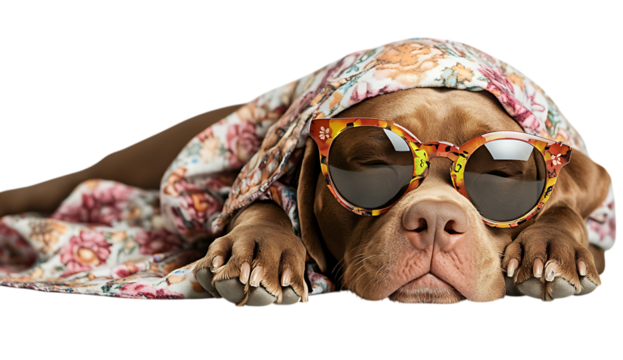 Adorable puppy relaxing in floral blanket  isolated on transparent background	