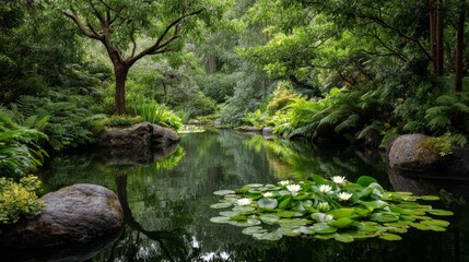 Pond with a tree in the background. The water is calm and the trees are lush. The scene is peaceful and serene