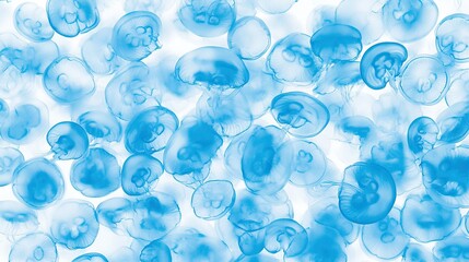 Many light blue jellyfish on white background