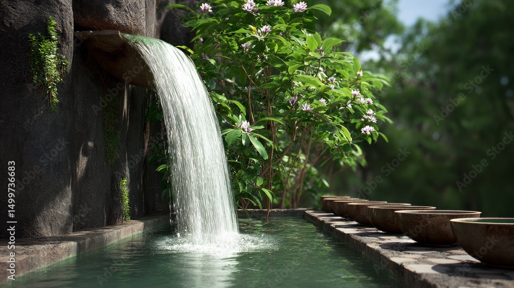 Poster waterfall is flowing into a pool of water. the pool is surrounded by trees and has a serene atmosphe