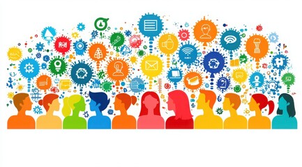 Diverse group of people with colorful thought bubbles expressing innovative ideas, collaboration, and global network in creative design