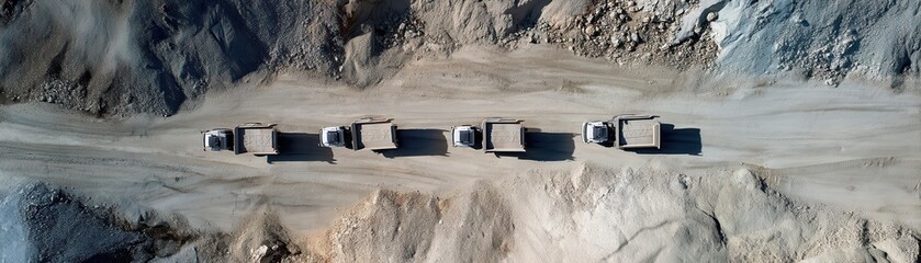 Drone view of autonomous trucks moving in perfect formation across quarry