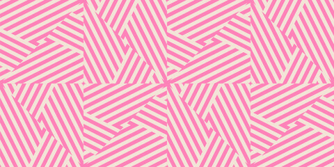 Abstract geometric seamless pattern with diagonal stripes, quirky lines. Creative pink and beige background. Optical art texture. Retro fashion background, repeat tiles. Cute design for decor, print