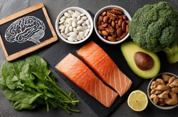 A drawing of the human brain with healthy food on top, including fish and nuts