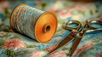 Orange thread spool, fabric, and scissors