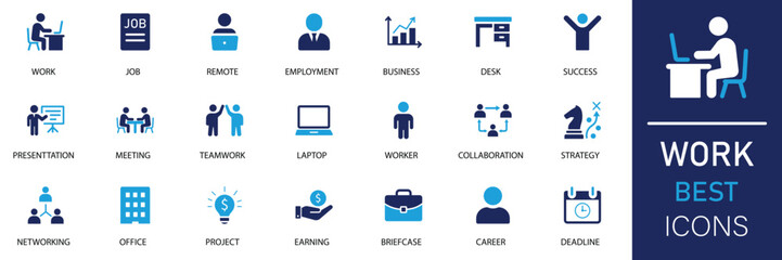 Work and Career solid Vector Icons set. Features icons of Collaboration, Work, Job, Career, Office, Business, Employment, and Meeting. Perfect for HR and Business.
