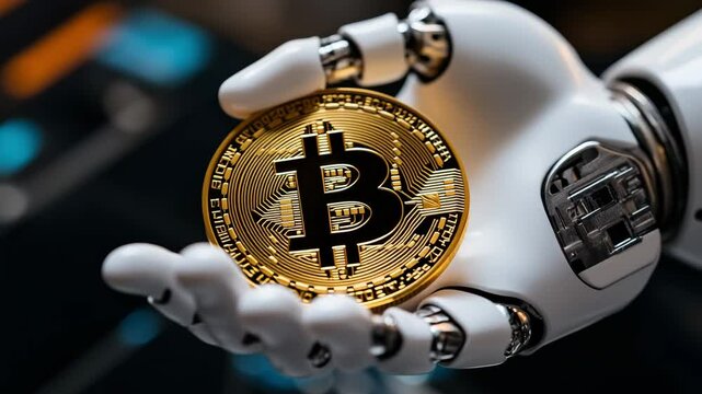 A robotic hand holds a bitcoin in a high tech environment, showcasing the intersection of digital currency and automation - Powered by Adobe