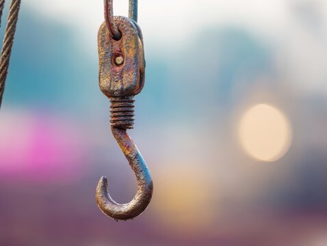 Crane hook captured as it swings midair   abstract focus and bokeh