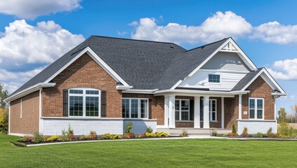 Suburban home under partly cloudy sky