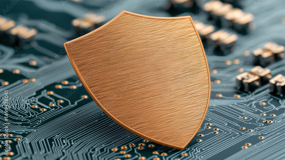 Poster cybersecurity concept with shield on circuit board golden shield symbolizing cybersecurity stands on