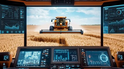 An advanced harvesting machine efficiently cuts wheat in a vast golden field while displaying data on control panels - Powered by Adobe