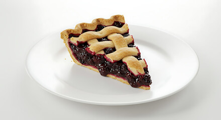 Blackberry pie slice with deep purple filling and a lattice crust, placed on a white plate, isolated on white background, subtle shadows, bright and airy lighting