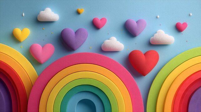 Colorful hearts and rainbows display engaging celebration of pride month and diversity in a bright arrangement of foam decorations