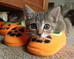 Adorable kitten nestled in a pumpkin-shaped slipper