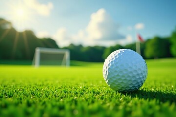 Obraz premium Golf ball on a football field, tee next to goalpost, game, sport