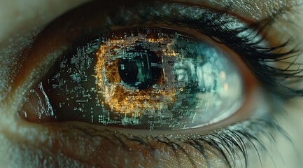 Futuristic eye with digital interface reflecting in the iris showcasing advanced technology and human-machine interaction