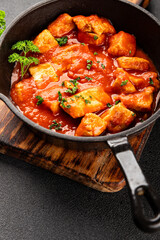 Butter chicken curry tomato sauce poultry meat dish turkey fresh tasty gourmet food background on the table rustic food top view copy space