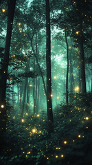 Mystical forest with glowing fog and floating lights