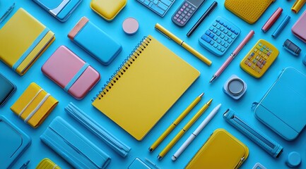 Top-Down View of a Colorful Workspace with Notebooks, Pens, Calculators, and Cases Arranged on a Light Blue Surface