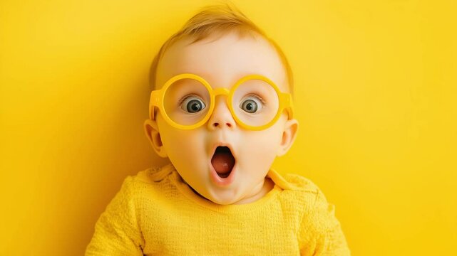 A baby in bright attire and oversized glasses reacts with amazement, surrounded by a bold yellow backdrop