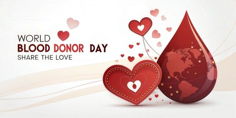 Celebration of World Blood Donor Day with animated hearts and a blood drop design sharing love and community support
