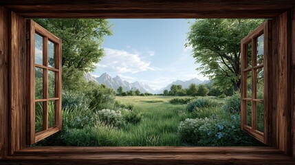 Rustic wooden window framing green fields background, rustic wooden window framing green fields illustration, rustic wooden window framing green fields design with blank space for text overlay.