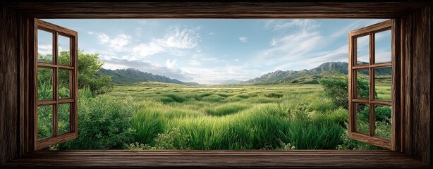 Rustic wooden window framing green fields background, rustic wooden window framing green fields illustration, rustic wooden window framing green fields design with blank space for text overlay.