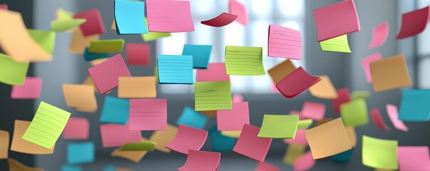 Innovation lab collaboration brainstorm concept. Colorful sticky notes flying in the air in a bright interior space.