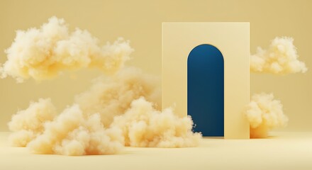 Abstract Surreal Archway: A minimalist 3D rendering of a surreal scene featuring a pale yellow archway with a dark blue interior, nestled amongst fluffy, pastel-colored clouds.