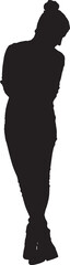  vector; silhouette of a front view of a woman stading and looking down, legs crossed