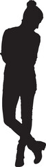  vector; silhouette of a front view of a woman stading and looking down, legs crossed