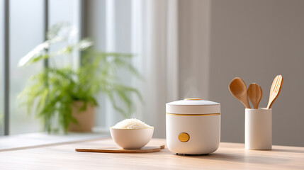 Smart rice cookers, rice cookers, and various kitchen utensils in warm colored kitchens