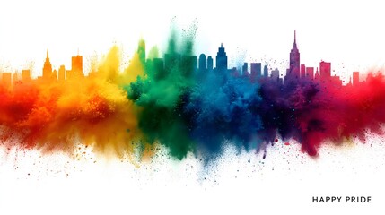 Colorful skyline with vibrant rainbow hues celebrating Pride month and diversity in urban setting