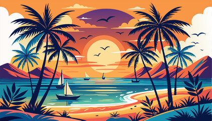 Tropical Sunset Beach Scene: Palm Trees, Sailboats, Ocean View
