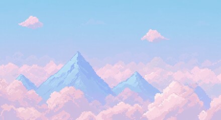 Pixel Art Gamer Room Wall Design with Digital Clouds and Mountains