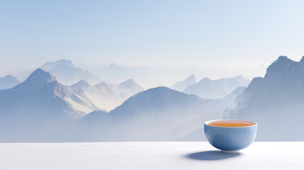 A cup of tea amidst minimalist mountains and clouds, and the concept of Chinese tea culture
