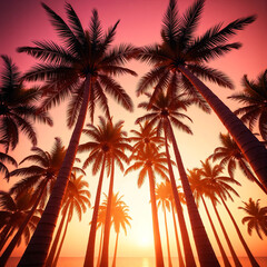 Sunset View of Tall Tropical Coconut Palm Trees from Low-Angle Perspective with charming sky Silhouetted Fronds, and Soft Gradient Sky Capturing a Serene, 