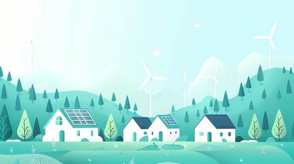 Naklejka premium Sustainable village, Green energy, eco friendly homes, renewable resources, environmental conservation