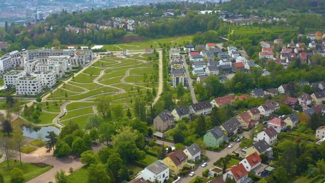 Aerial panoramic view around the city Stuttgart Killesberg in Germany on a sunny spring day