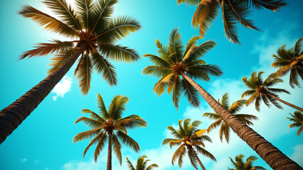Sunset View of Tall Tropical Coconut Palm Trees from Low-Angle Perspective with charming sky Silhouetted Fronds, and Soft Gradient Sky Capturing a Serene, 