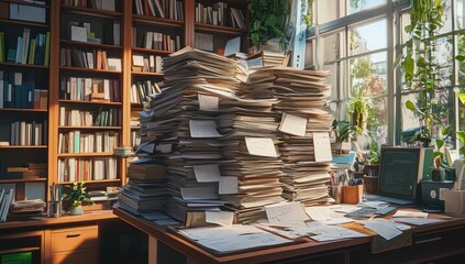 Obraz premium High stack of papers, bookshelves, & desk