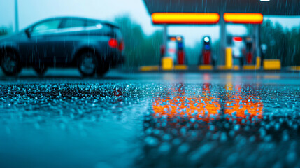 A rainy day scene at a gas station with reflections creating a moody atmosphere.